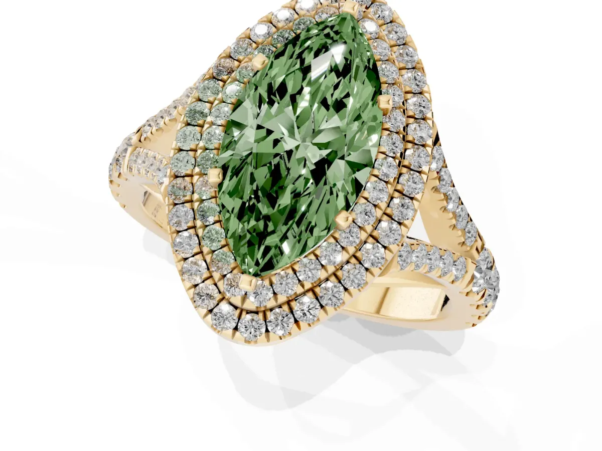 Fancy Green Marquise Cut Diamond Pavé Split Shank Double Halo Engagement Ring Yellow gold