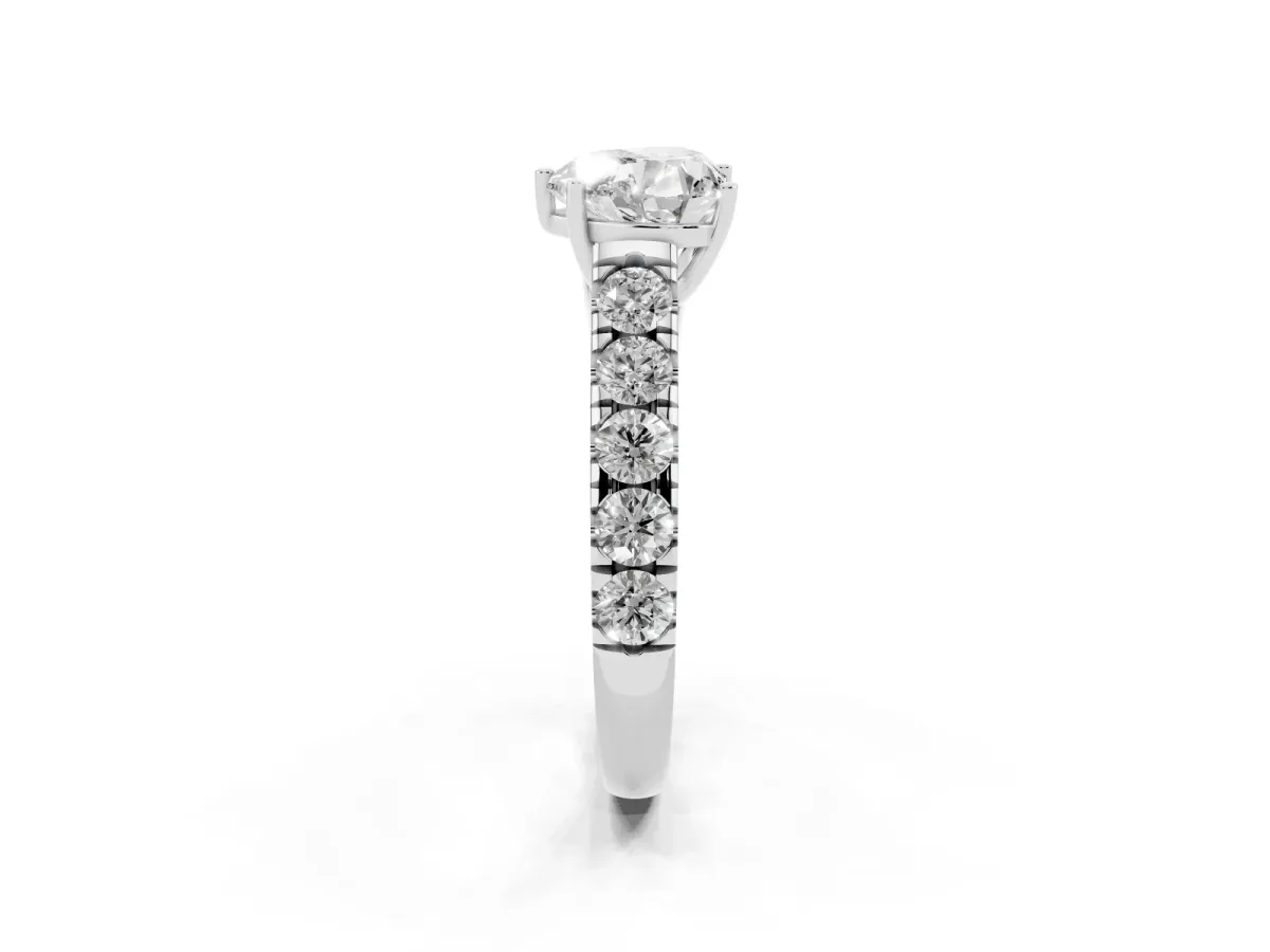 Heart Cut Cut Diamond Solitaire Ring with Micro Pave Band and Prong Setting Silver