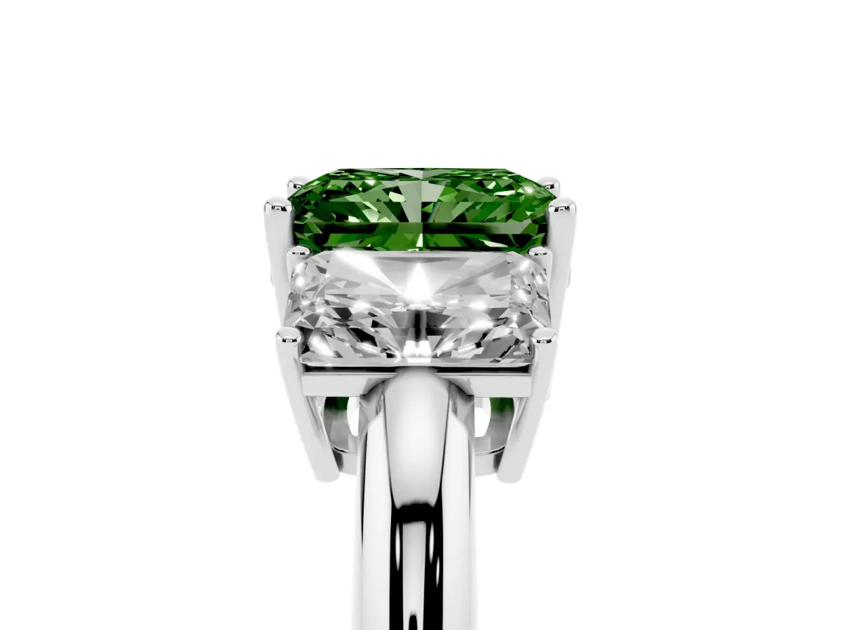 Fancy Green Three-Stone Radiant Cut Cut Diamond Engagement Ring with Prong Setting on a White Gold Band Silver