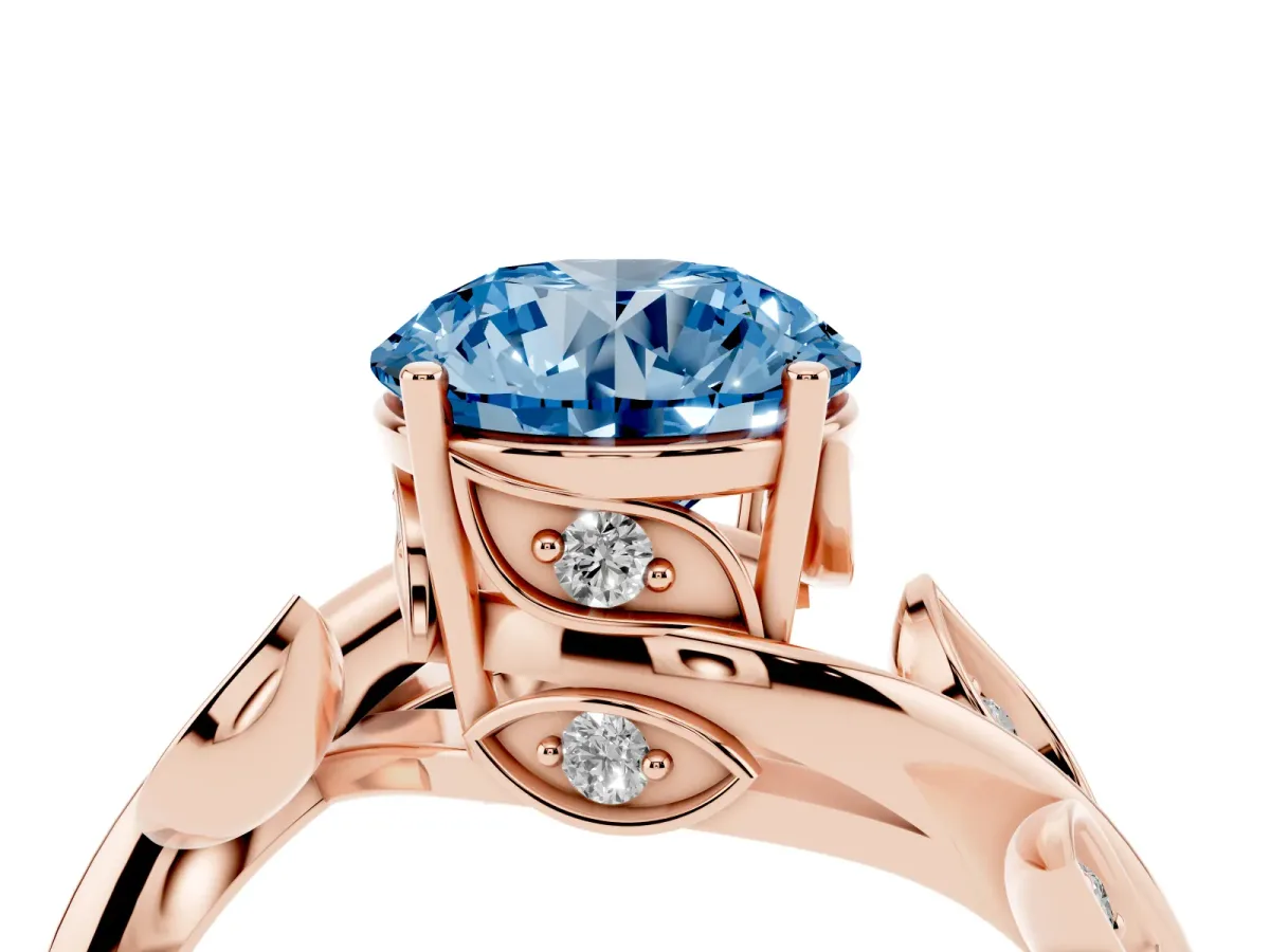 Fancy Blue Round Cut Solitaire Twist Engagement Ring with Leaf Accents and Prong Setting Rose gold