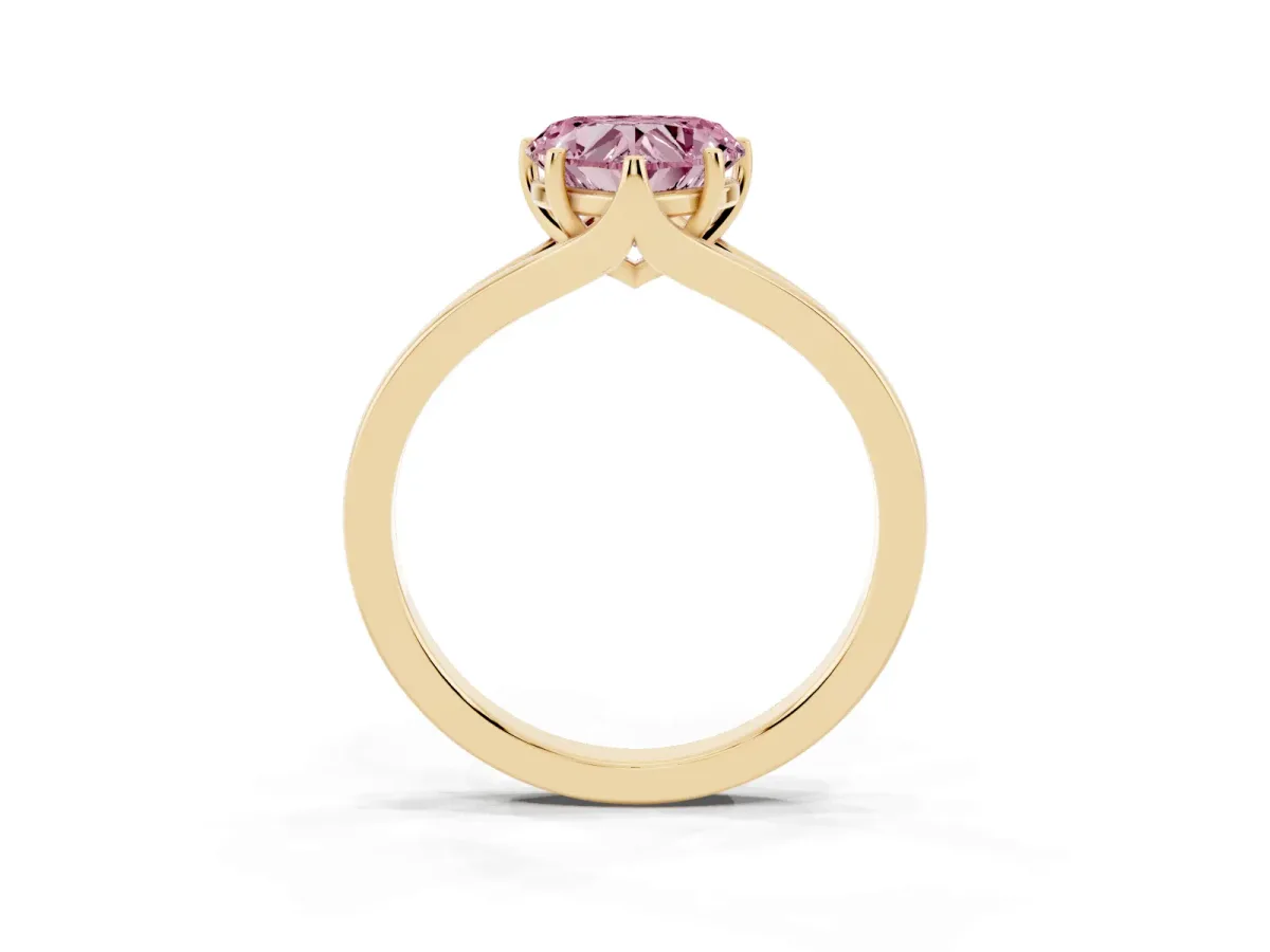 Fancy Pink Heart Cut Solitaire Diamond Ring with Six-Prong Setting and Tapered Band Yellow gold