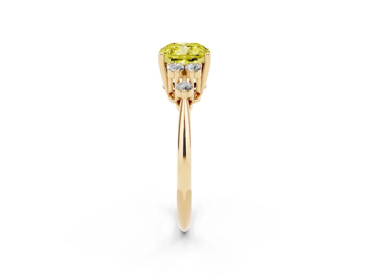 Fancy Yellow Cushion Cut Cut Diamond Cluster Ring with Solitaire Band and Four-Prong Setting Yellow gold