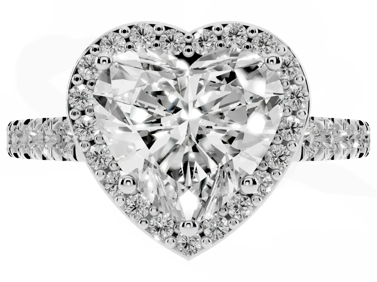 Heart Cut Cut Halo Diamond Engagement Ring with Pave Band and Four-Prong Setting White gold