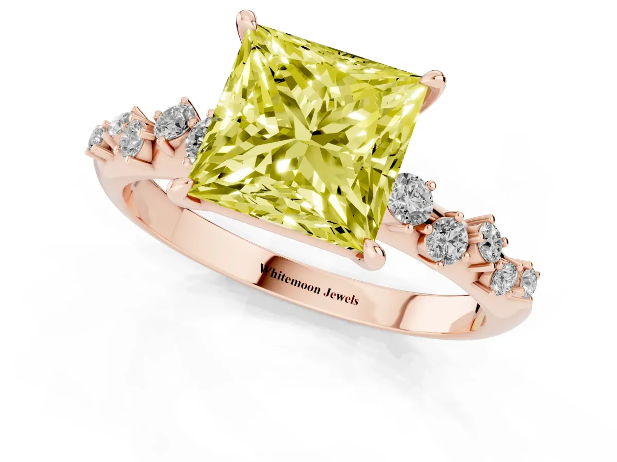 Fancy Yellow Princess Cut Diamond Cluster Side Stone Solitaire Ring with Prong Setting Rose gold
