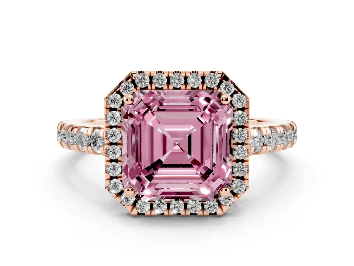 Fancy Pink Asscher Cut Diamond Halo Ring with Pavé Band and Four-Prong Setting Rose gold