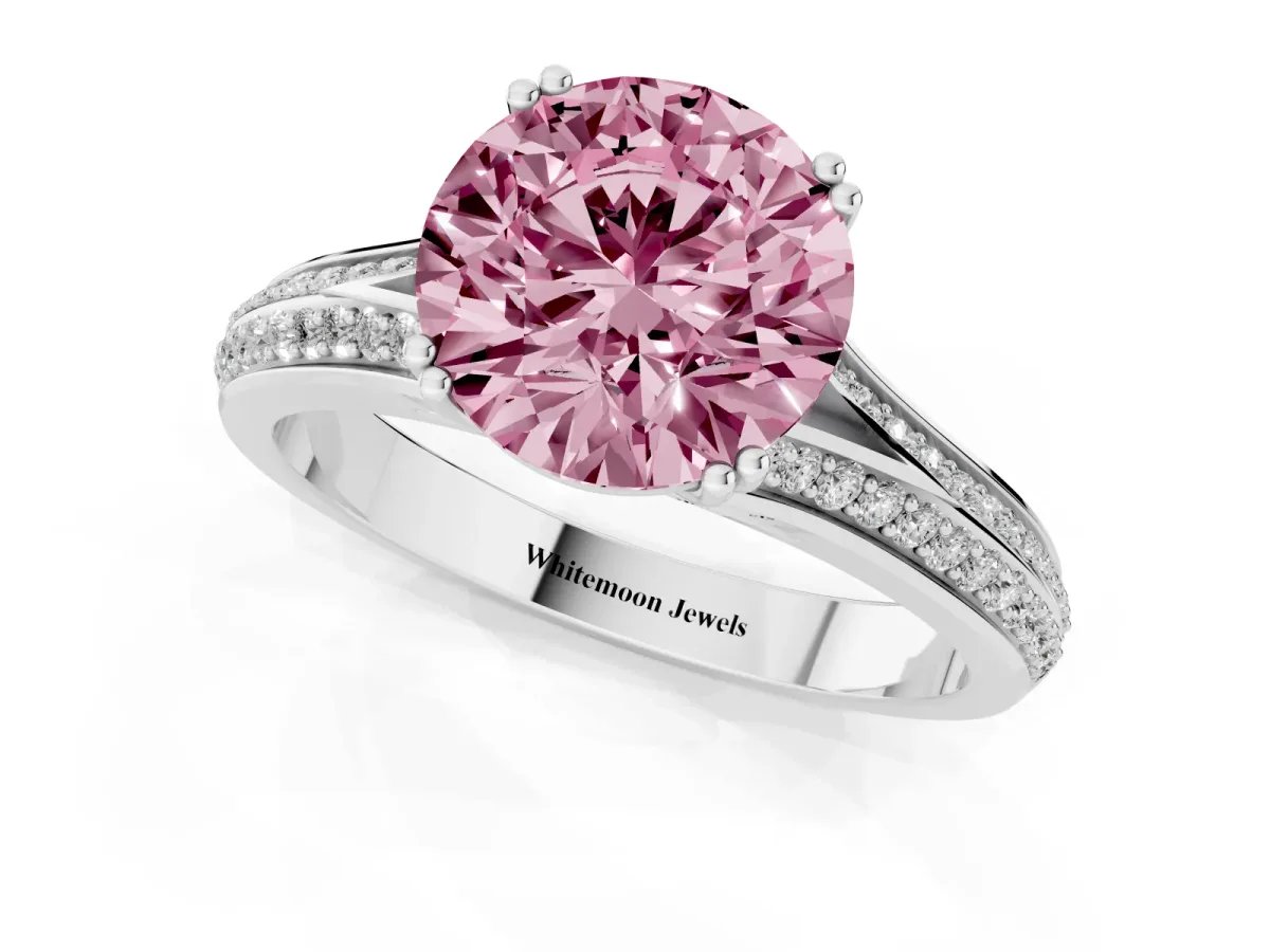 Fancy Pink Round Cut Diamond Split Shank Engagement Ring with Pavé Band Silver