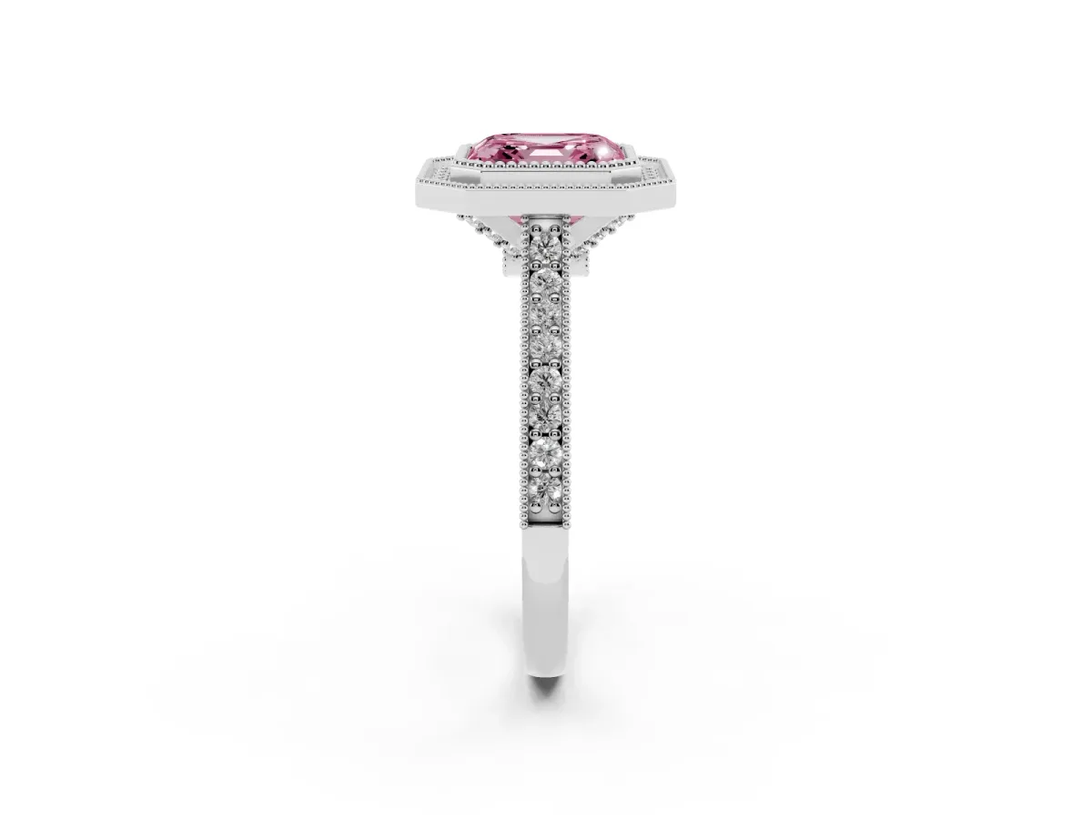 Fancy Pink Halo Asscher Cut-Cut Diamond Pave Band Milgrain Prong Setting Ring Silver