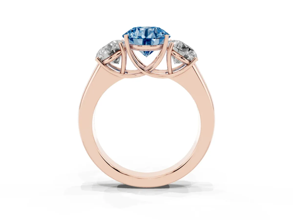 Fancy Blue Three-Stone Round Cut Cut Diamond Ring with Prong Setting and Classic Band Rose gold