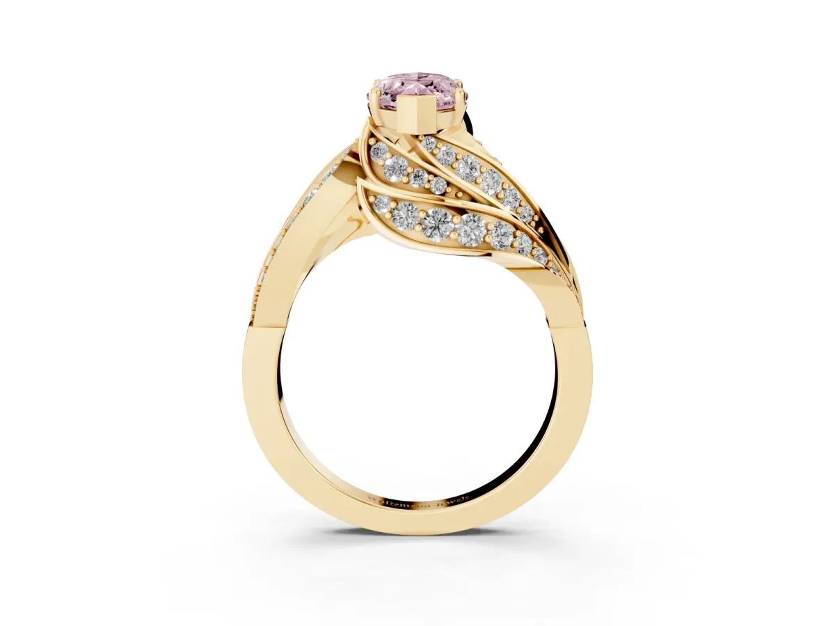 Fancy Pink Marquise Cut Diamond Solitaire Ring with Prong Setting and Twisted Pavé Band Yellow gold