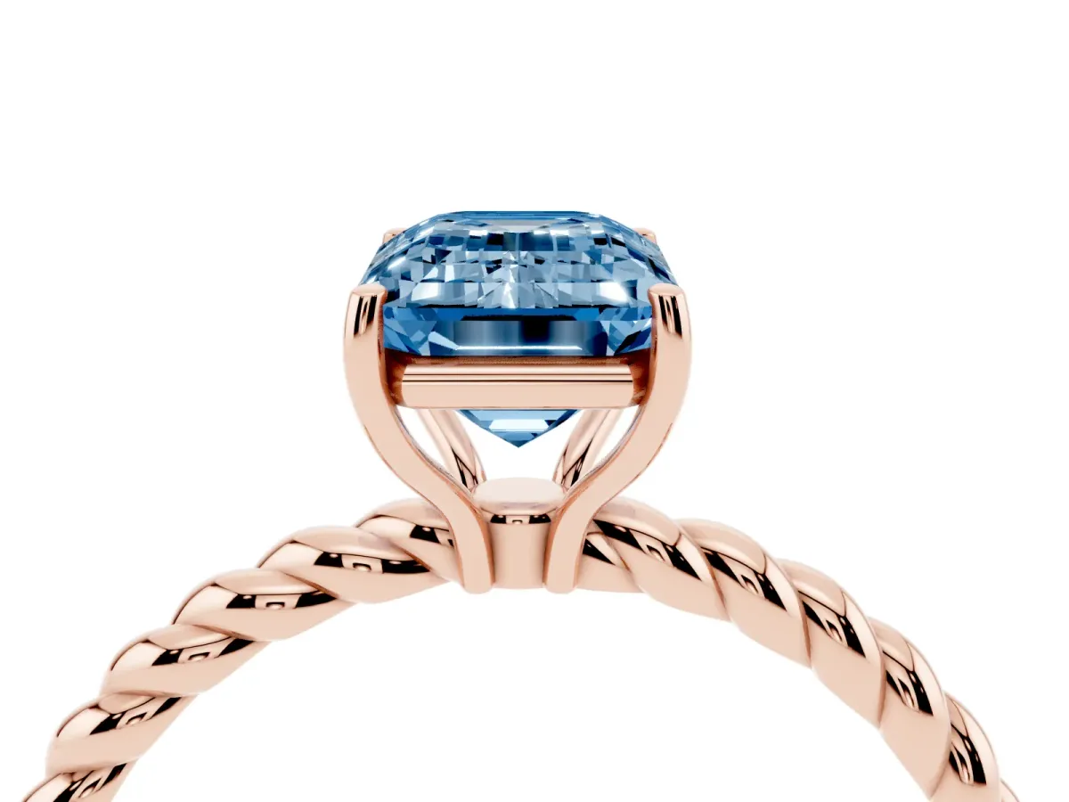 Fancy Blue Emerald Cut Solitaire Twisted Band 4-Prong Ring Rose gold
