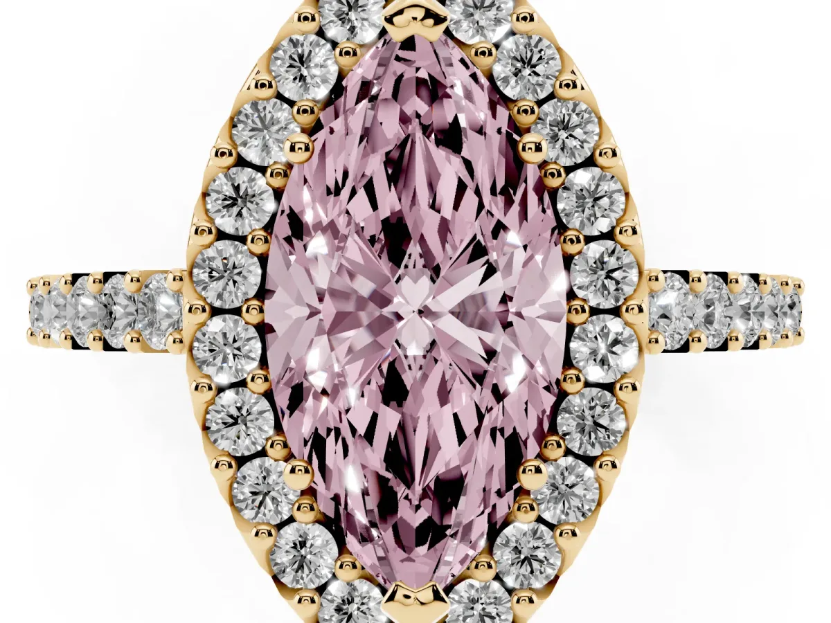 Fancy Pink Marquise Cut Halo Diamond Pavé Solitaire Ring Yellow gold
