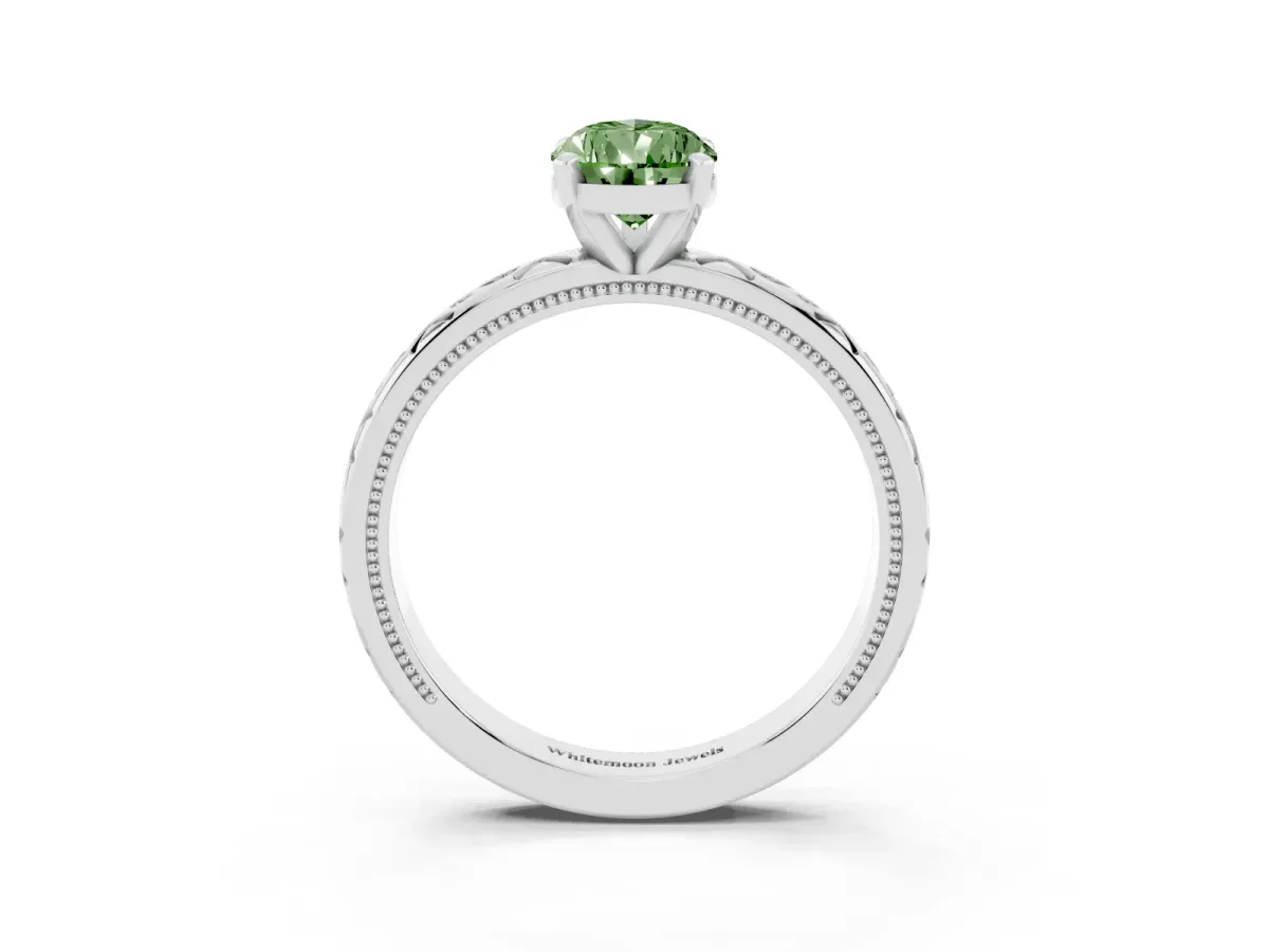 Fancy Green Pear Cut Solitaire Engagement Ring with Scrollwork Band and Four-Prong Setting White gold