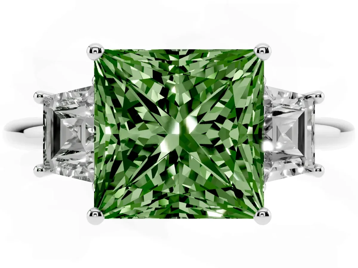 Fancy Green Princess Cut Diamond Three-Stone Ring with Trapezoid Side Stones and Prong Setting Silver