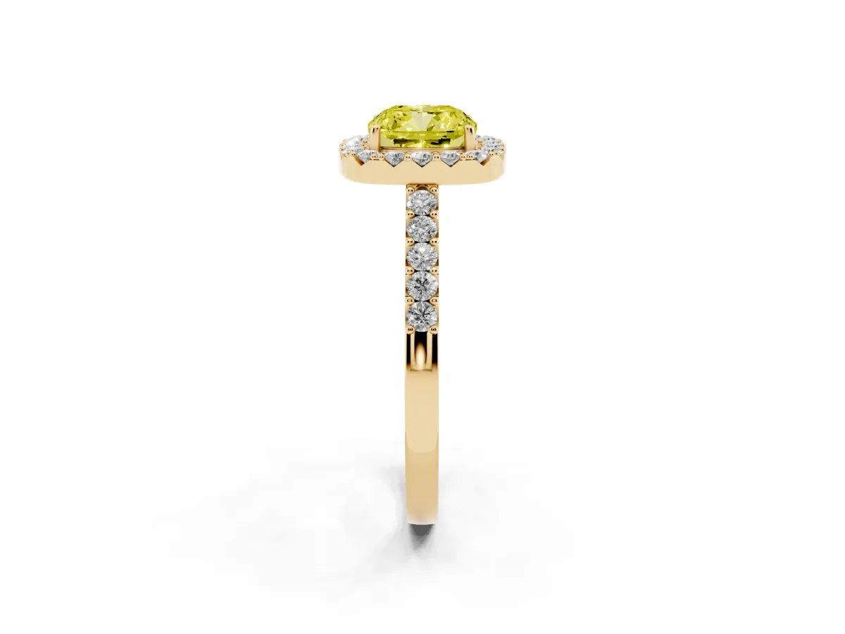 Fancy Yellow Cushion Cut Halo Diamond Pavé Solitaire Ring Yellow gold