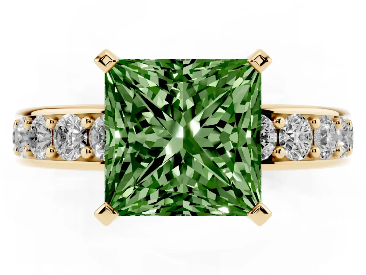 Fancy Green Princess Cut Diamond Engagement Ring with Channel Set Round Band and Prong Setting Yellow gold