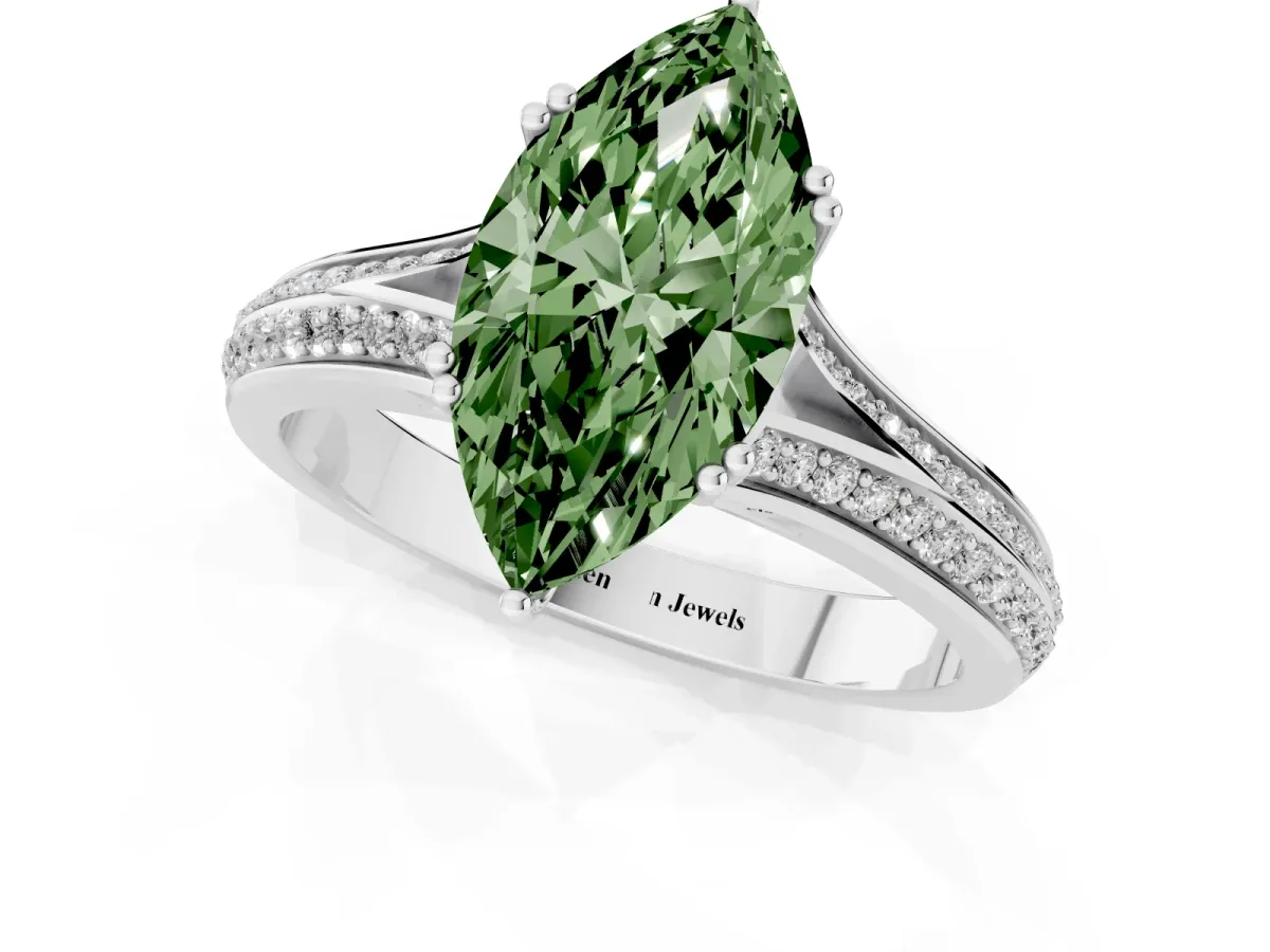 Fancy Green Marquise Cut Diamond Split Shank Engagement Ring with Pavé Band Silver