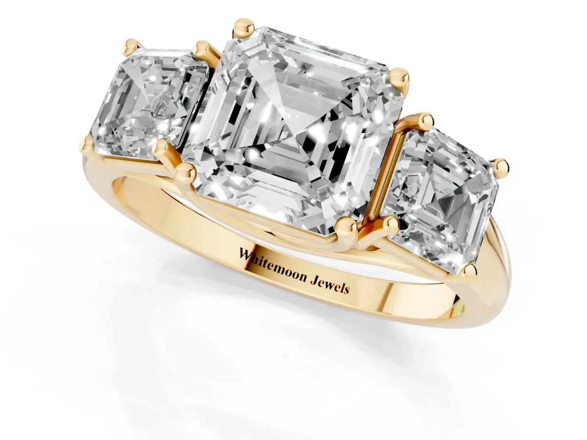 Three-Stone Asscher Cut Diamond Engagement Ring with Prong Setting Yellow gold