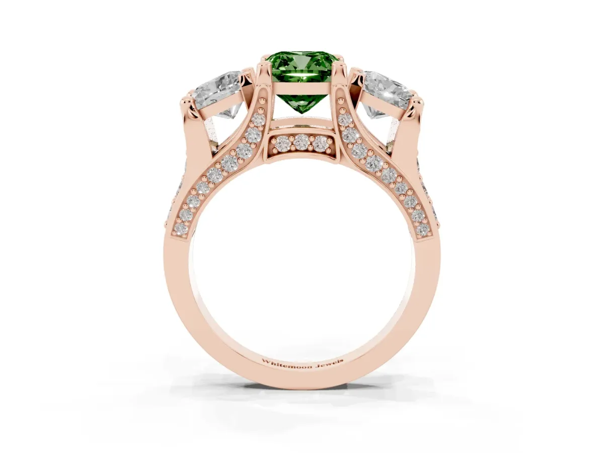 Fancy Green Cushion Cut Diamond Three-Stone Ring with Channel Set Band and Four-Prong Setting Rose gold
