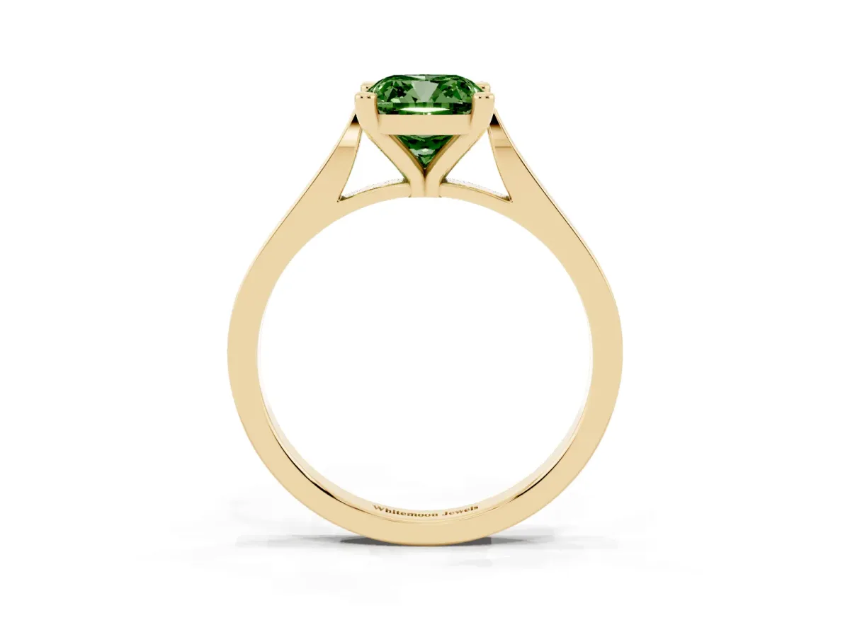 Fancy Green Cushion Cut Solitaire Diamond Ring with Four-Prong Setting and Tapered Band Yellow gold