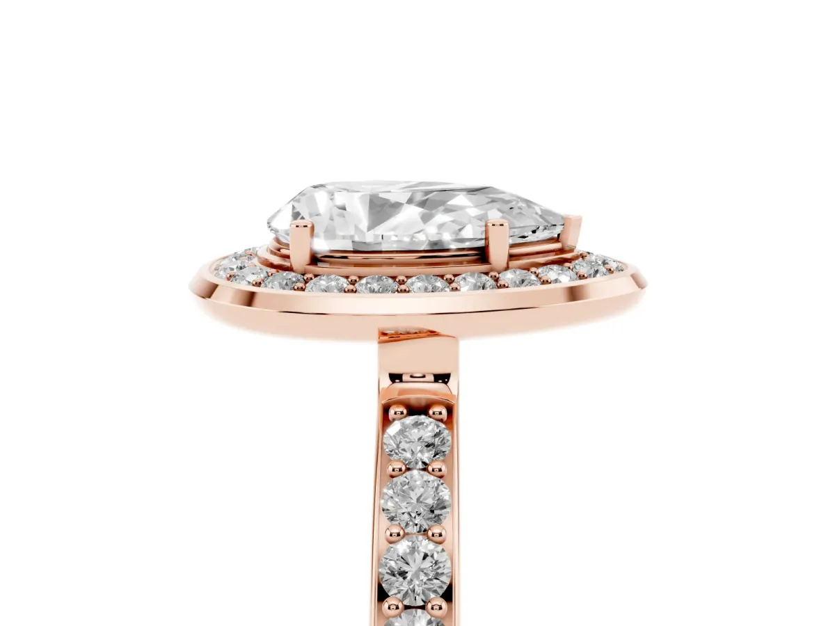 Pear Cut Diamond Halo Ring with Bezel Frame and Pavé Band Rose gold