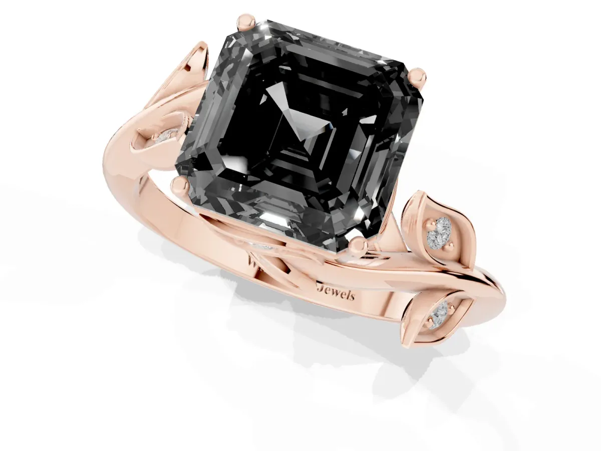 Fancy Black Asscher Cut Solitaire Twist Engagement Ring with Leaf Accents and Prong Setting Rose gold