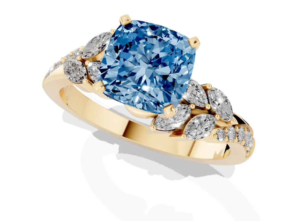 Fancy Blue Cushion Cut Solitaire Marquise Twist Band with Six-Prong Setting Yellow gold