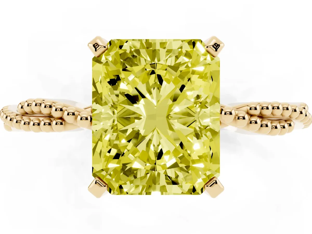 Fancy Yellow Radiant Cut Solitaire Twisted Band with Bead Prong Setting Yellow gold