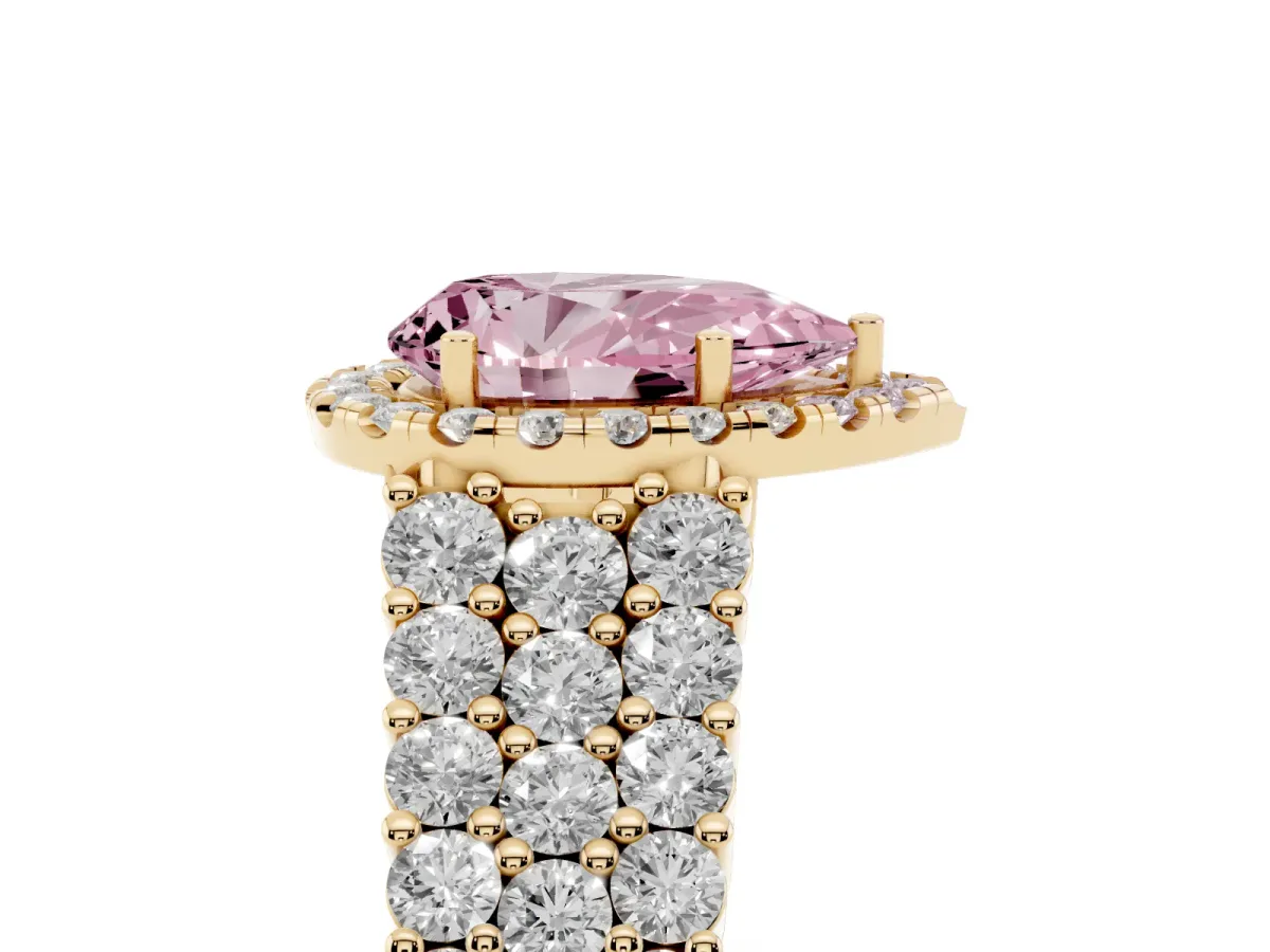 Fancy Pink Pear Cut Diamond Halo Engagement Ring with Triple Row Round Pavé Band and Prong Setting Yellow gold