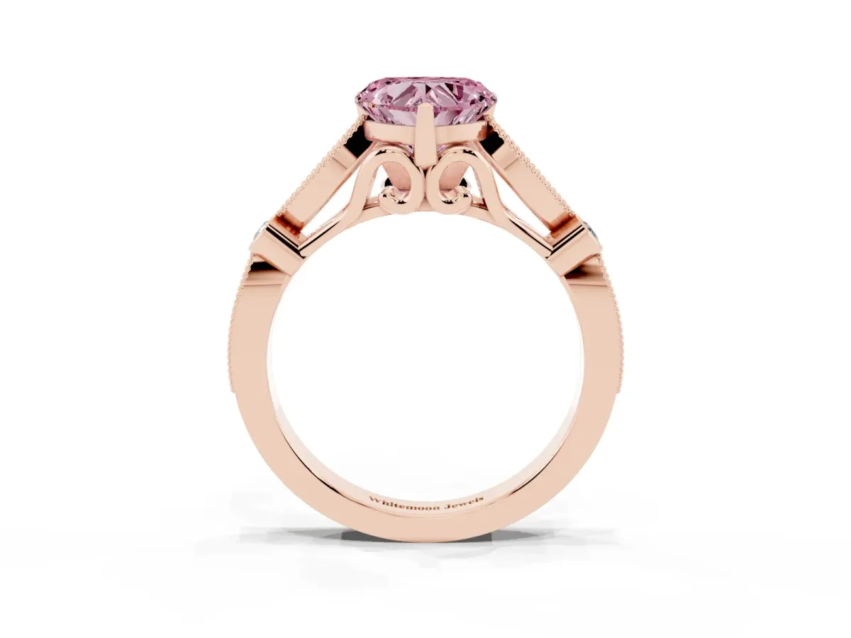 Fancy Pink Heart Cut Cut Diamond with Milgrain Marquise and Bezel Accents on a Solitaire Band with Prong Setting Rose gold