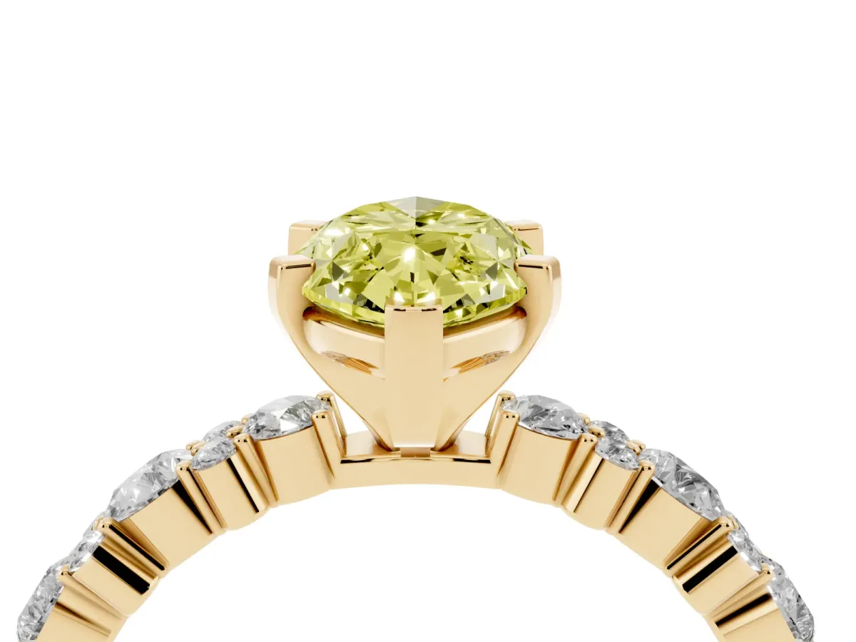 Fancy Yellow Marquise Cut Diamond Side Stone Solitaire Ring with Round and Four-Prong Setting Yellow gold