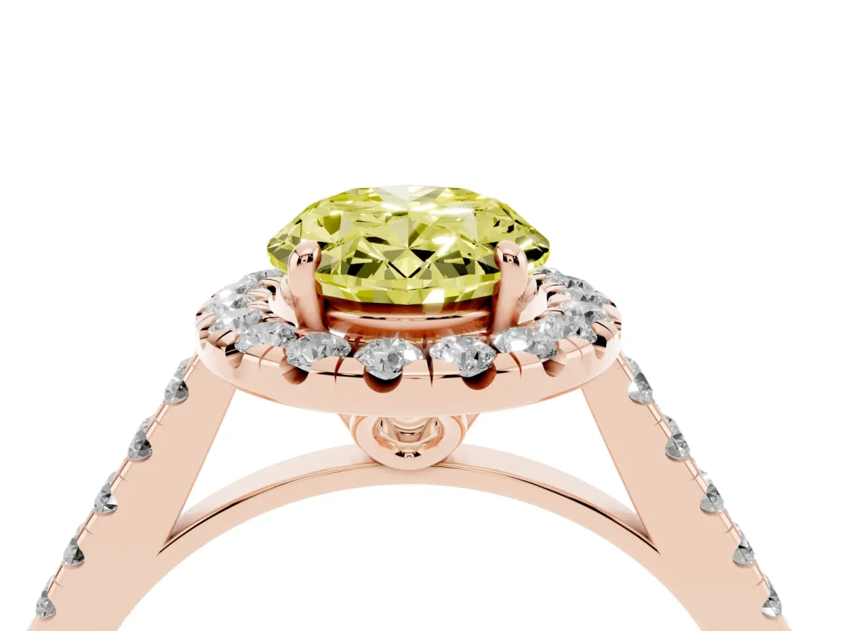 Fancy Yellow Oval Cut Halo Pavé Diamond Engagement Ring with Four-Prong Setting Rose gold