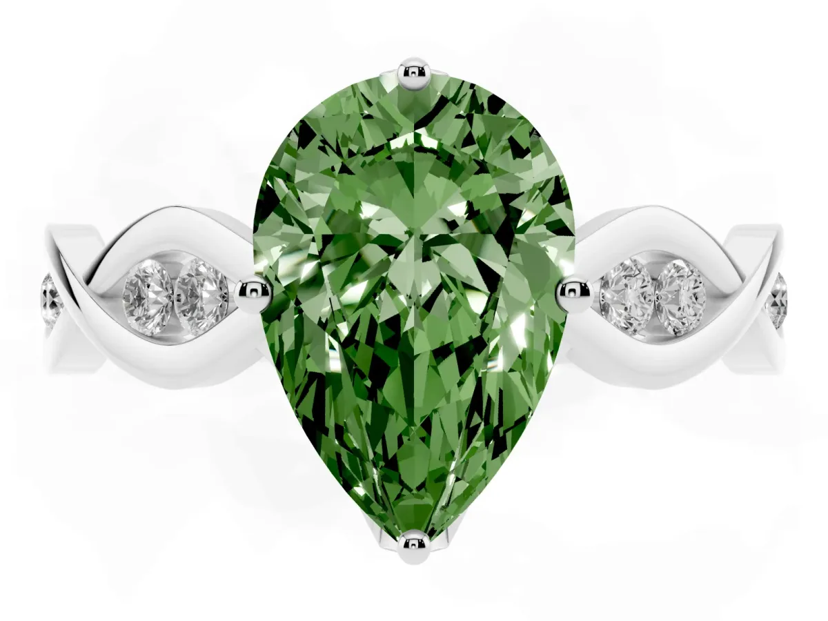 Fancy Green Pear Cut Solitaire Twist Band with Leaf Prong Setting White gold