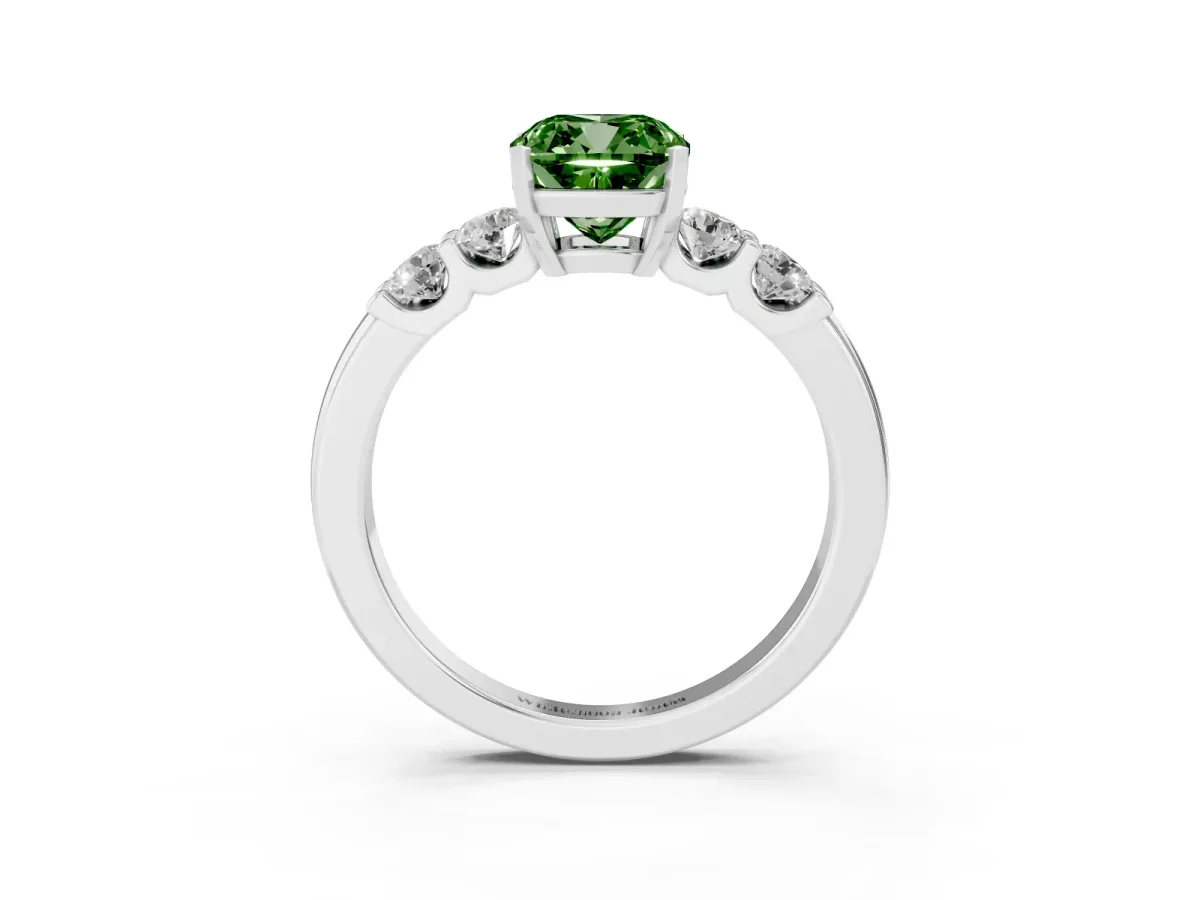 Fancy Green Cushion Cut Brilliant Cut Diamond Five-Stone Prong Set Engagement Ring with Channel Band White gold