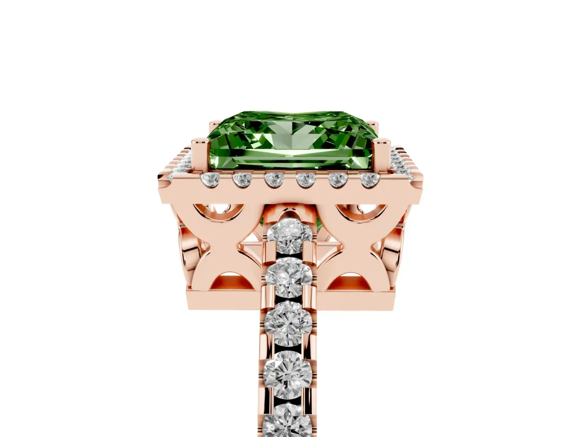 Fancy Green Princess Cut Diamond Halo Engagement Ring with Pavé Band and Prong Setting Rose gold