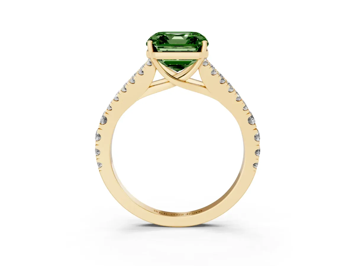 Fancy Green Asscher Cut Diamond Split Shank Pavé Engagement Ring with Four-Prong Setting Yellow gold
