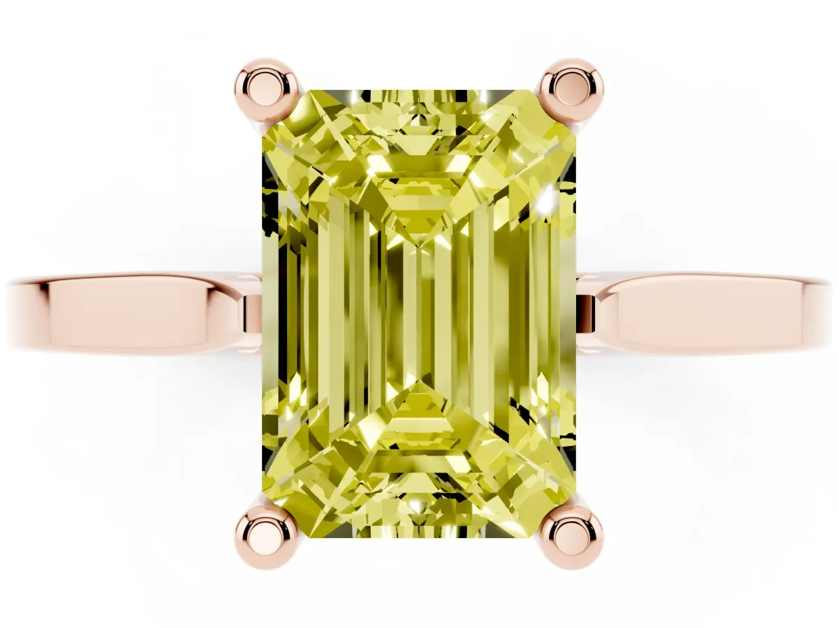 Fancy Yellow Emerald Cut Solitaire Diamond Ring with Four-Prong Setting and Tapered Band Rose gold