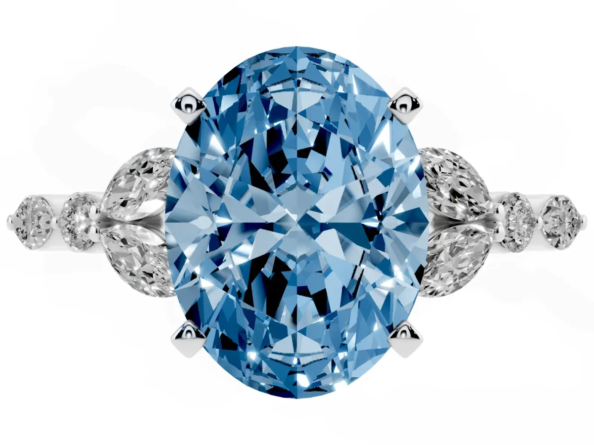 Fancy Blue Oval Cut Diamond Solitaire Ring with Side Stones and Four-Prong Setting Silver