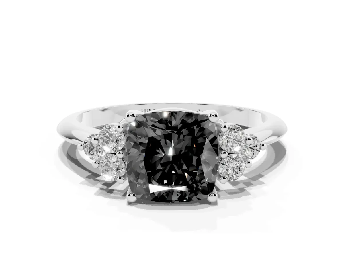 Fancy Black Cushion Cut Cut Diamond Cluster Ring with Solitaire Band and Four-Prong Setting Silver