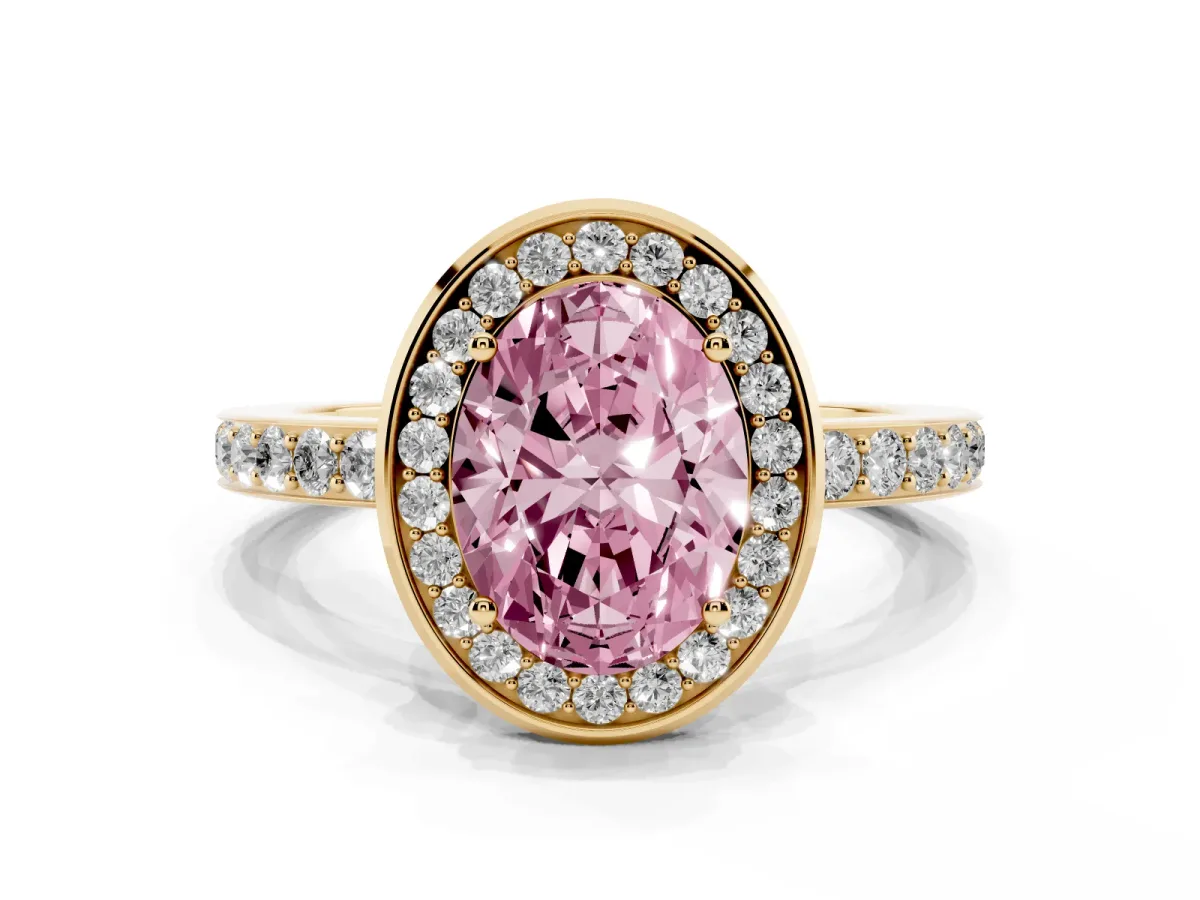 Fancy Pink Oval Cut Diamond Halo Ring with Bezel Frame and Pavé Band Yellow gold
