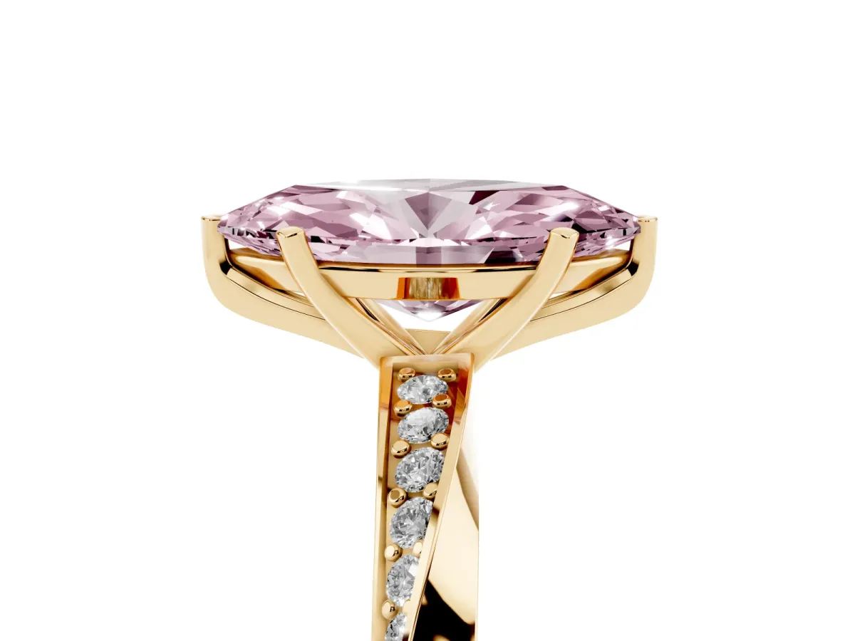 Fancy Pink Marquise Cut Diamond Engagement Ring with Side Stone Accents and Four-Prong Setting Yellow gold