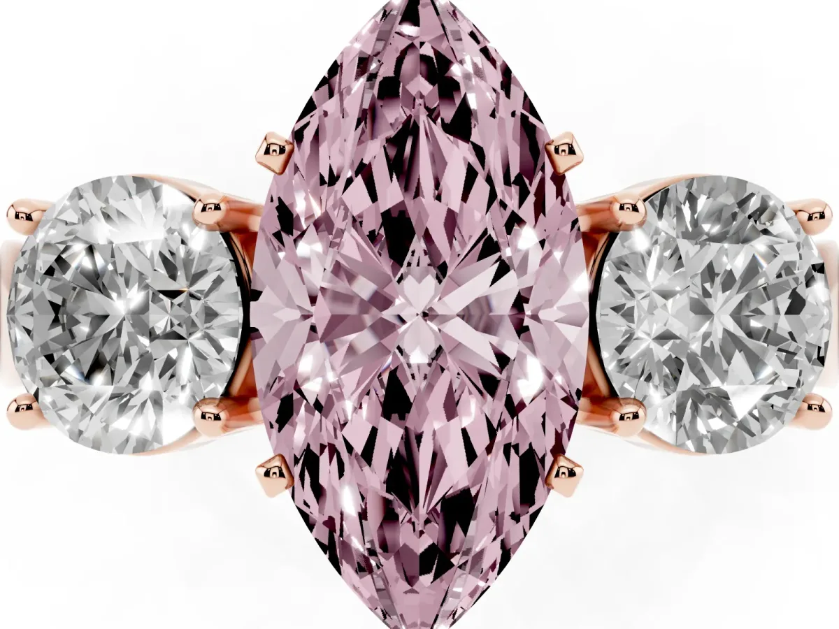 Fancy Pink Three-Stone Marquise Cut Diamond Ring with Round Side Stones, Classic Band, and Four-Prong Setting Rose gold