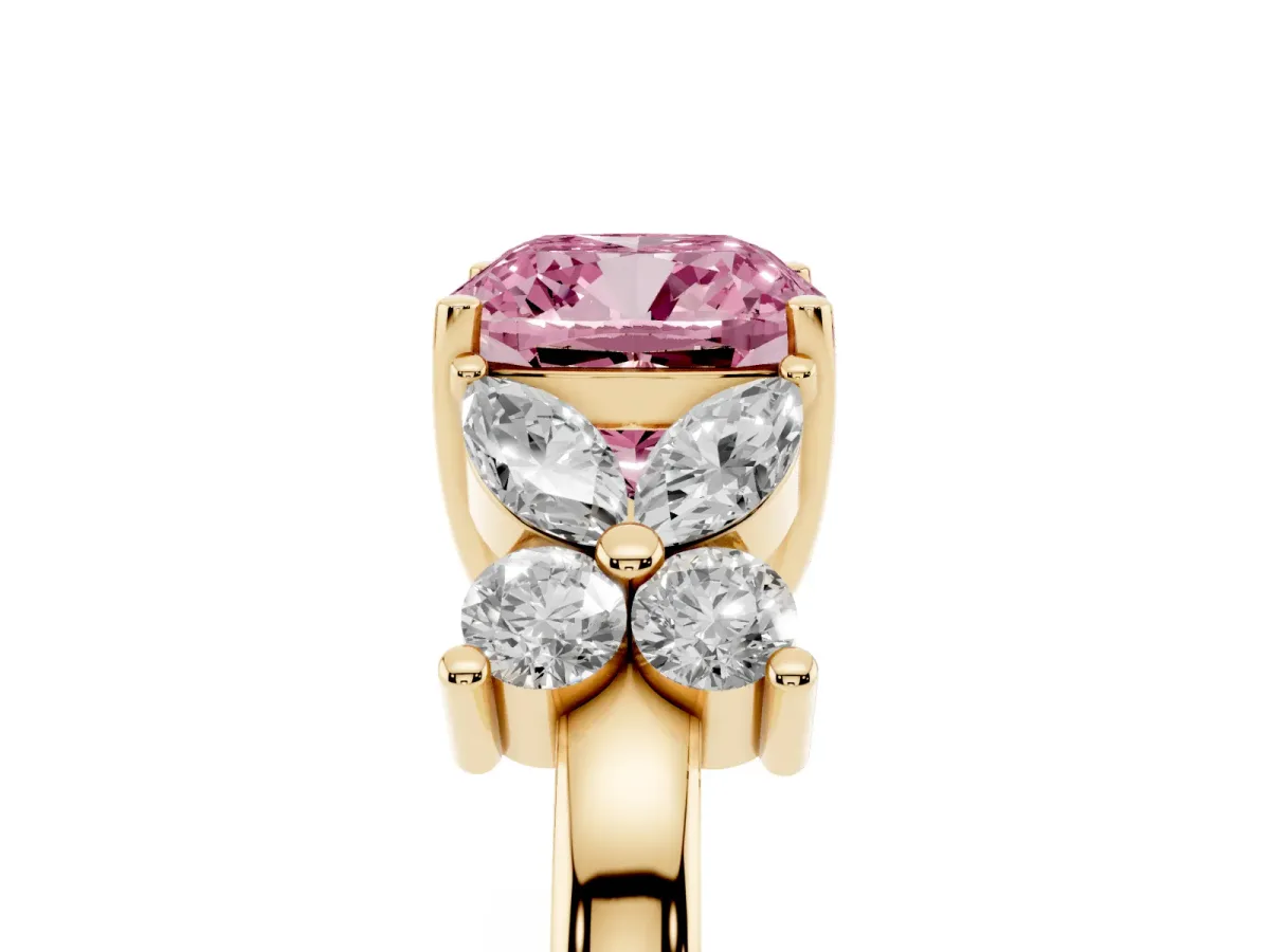 Fancy Pink Cushion Cut Diamond Floral Cluster Ring with Solitaire Band and Prong Setting Yellow gold
