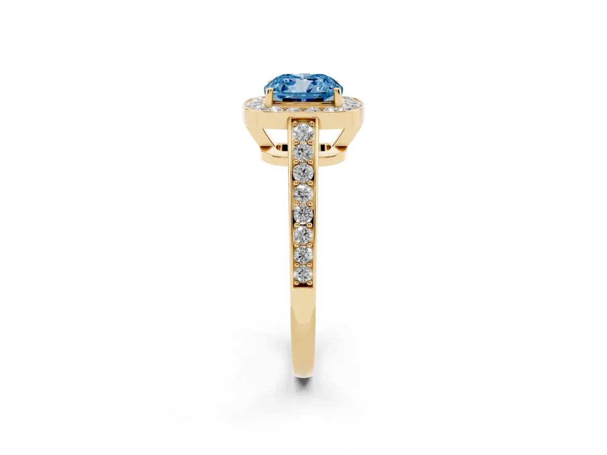 Fancy Blue Cushion Cut Halo Pavé Diamond Engagement Ring with Bezel Setting Yellow gold