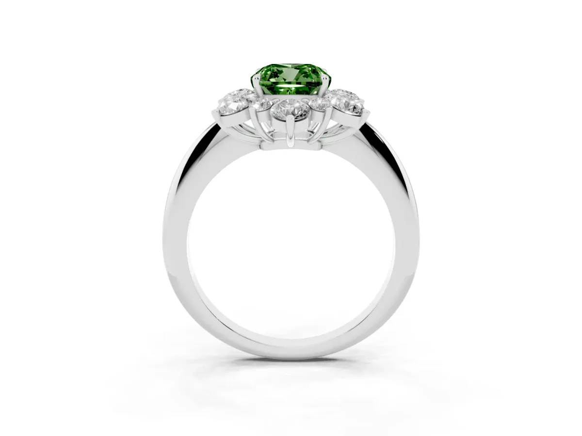 Fancy Green Cushion Cut Diamond Cluster Halo Ring with Solitaire Band and Four-Prong Setting White gold