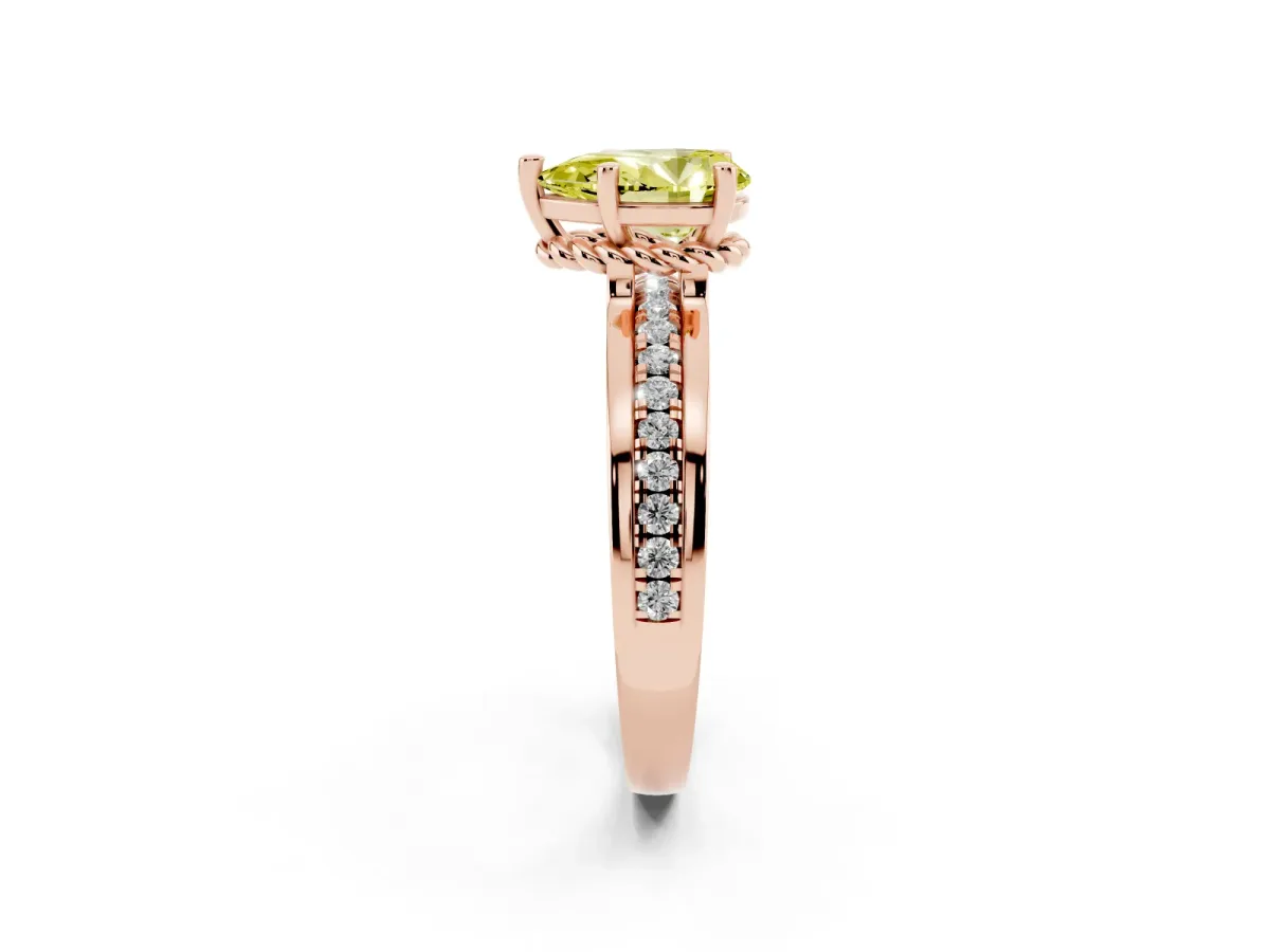 Fancy Yellow Pear Cut Solitaire Diamond Ring with Channel Set Band and Six-Prong Setting Rose gold