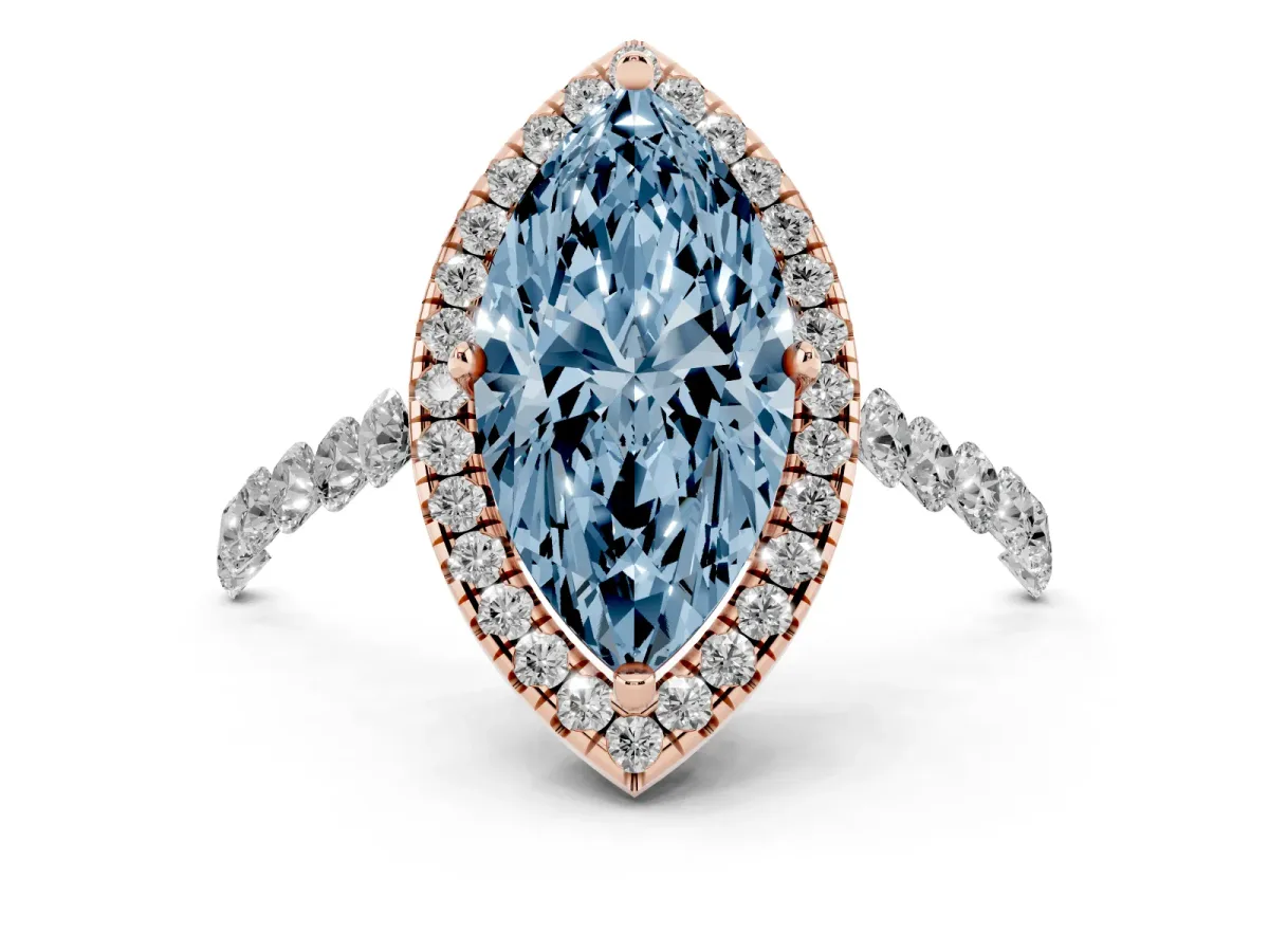 Fancy Blue Marquise Cut Halo Pavé Diamond Engagement Ring with Four-Prong Setting Rose gold