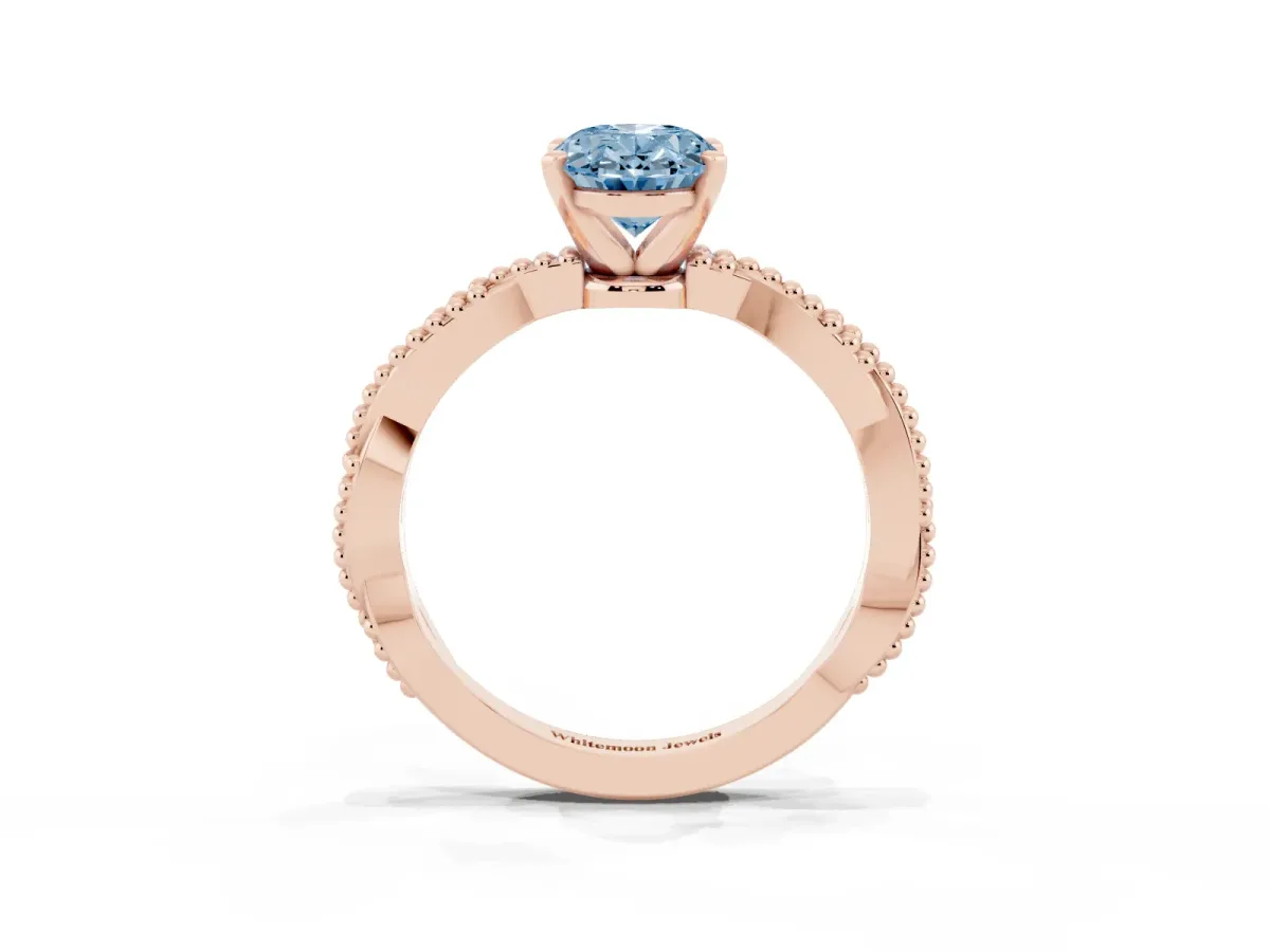 Fancy Blue Oval Cut Solitaire Twisted Band with Bead Prong Setting Rose gold
