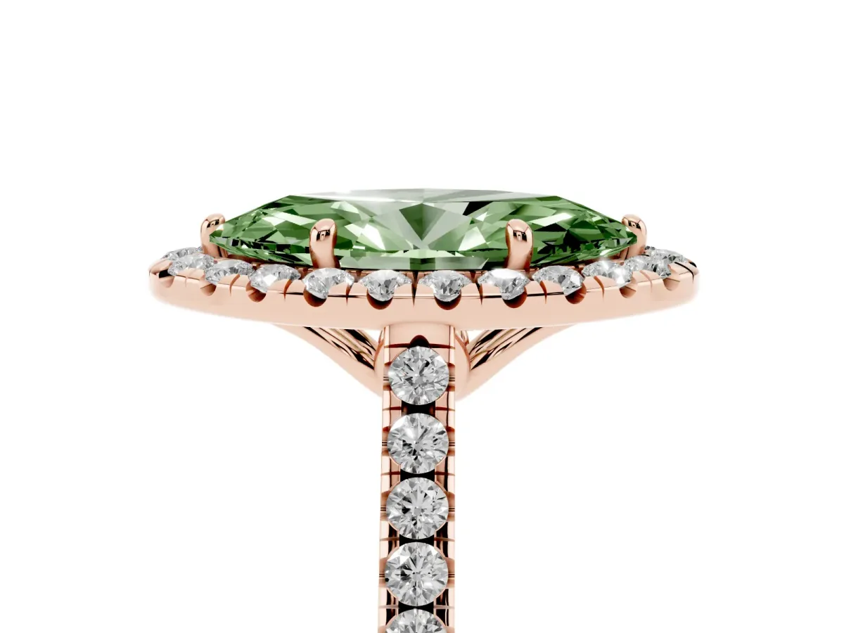 Fancy Green Marquise Cut Halo Pavé Diamond Engagement Ring with Four-Prong Setting Rose gold