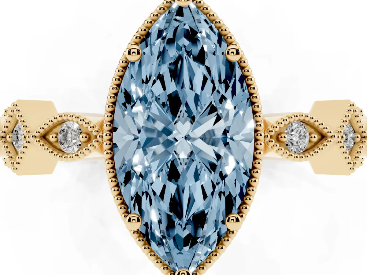 Fancy Blue Marquise Cut Milgrain Marquise Diamond Twist Band Ring Yellow gold