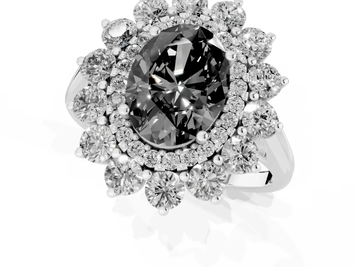 Fancy Black Oval Cut Diamond Floral Double Halo Engagement Ring with Prong Setting Platinum